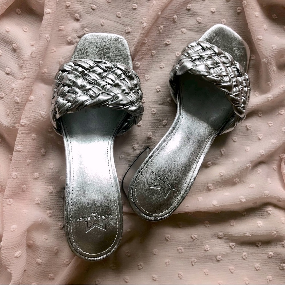Marc Fisher Metallic Silver Colored Heeled Slides Sandals